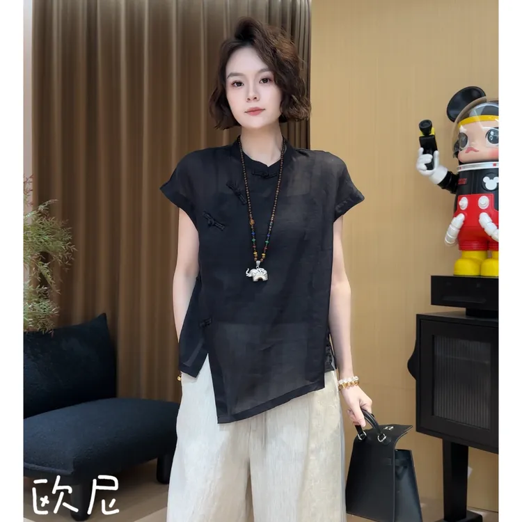 欧尼私服 极简百搭盘扣开叉夏季新中式国风女士上衣2506C3640