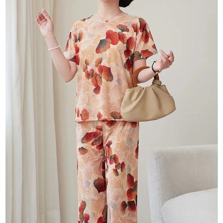 妈妈装夏季短袖两件套2025新款冰丝薄款裤套装宽松洋气遮肚子显瘦