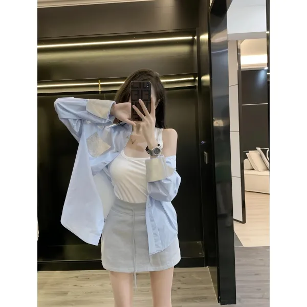 蓝色拼接袖口烫钻长袖衬衫女高级感2025夏季新款宽松韩版防晒衬衣