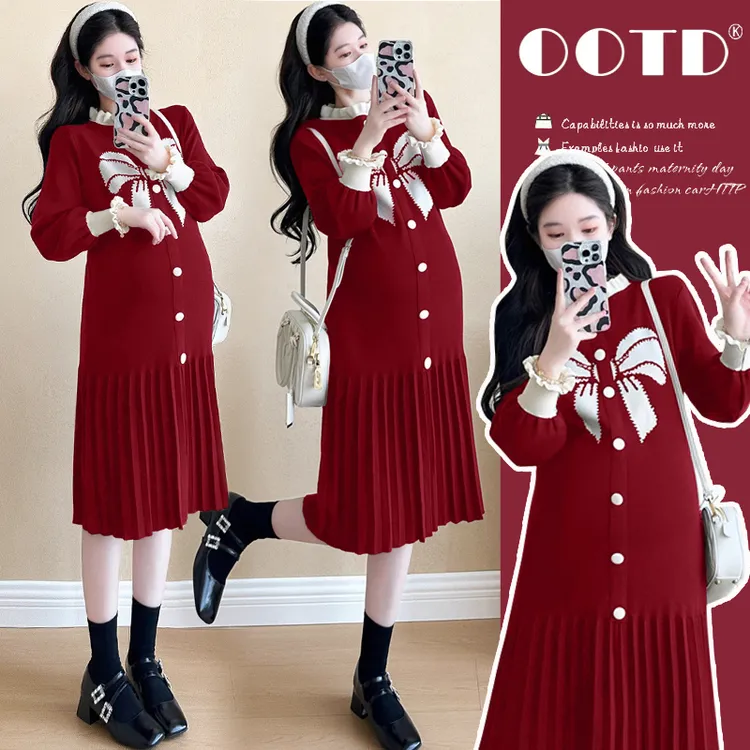 法式时髦小香风气质蝴蝶设计感连衣裙女秋冬季新款孕妇休闲连衣裙