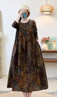 秋季新款复古长裙棉麻女装碎花连衣裙时尚气质显瘦连衣裙113