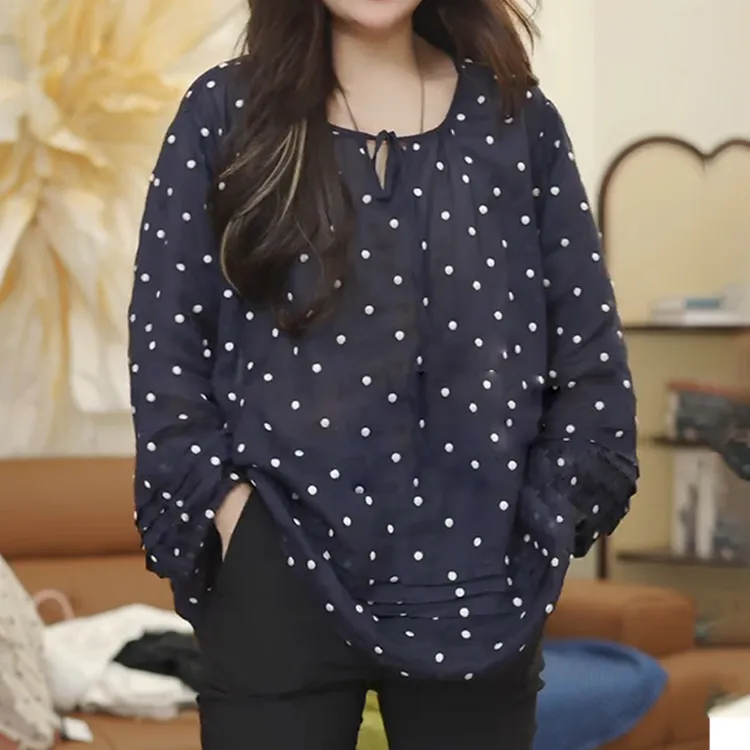 韩系小众压褶波点印花圆领衬衫女新款轻薄防晒宽松显瘦系带上衣夏