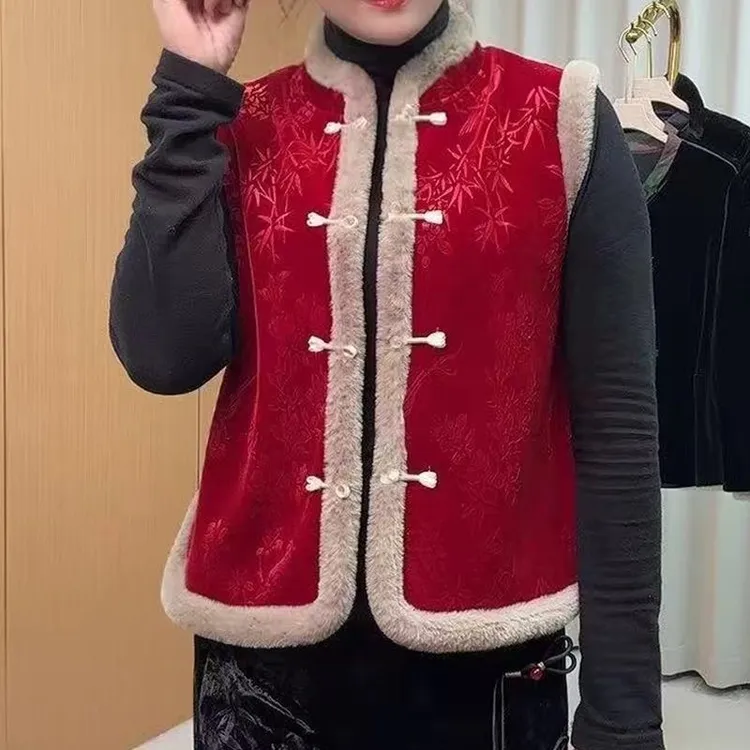 妈妈秋冬装新中式国风旗袍马甲女百搭加绒加厚无袖马夹外套269