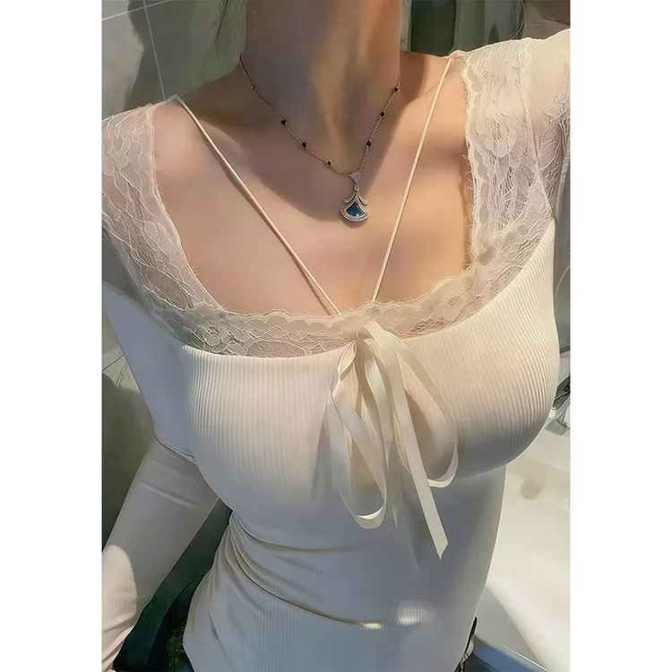 梦优莱纯欲风蝴蝶结系带蕾丝拼接长袖T恤秋冬季加绒内搭女打底衫