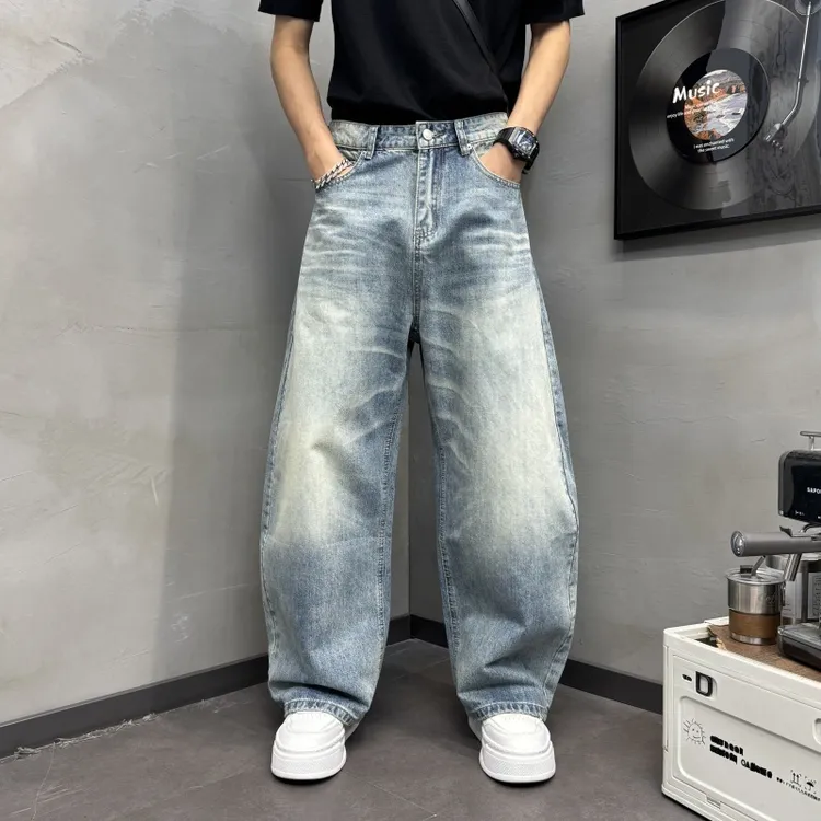 弯刀宽松水洗牛仔长裤黑色水洗宽松牛仔男士高级感裤子男士牛仔裤