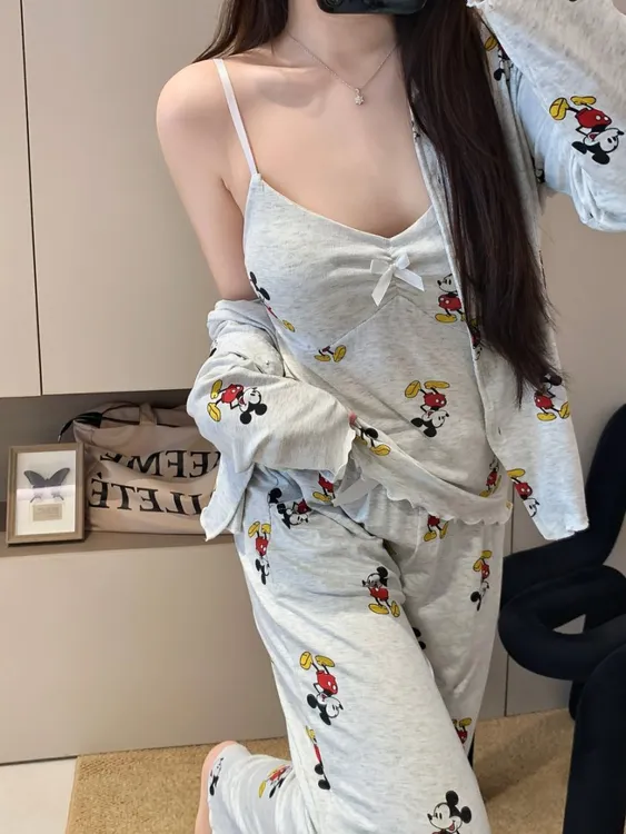 秋季新款睡衣女带胸垫莫代尔性感吊带开衫长袖长裤三件套家居服