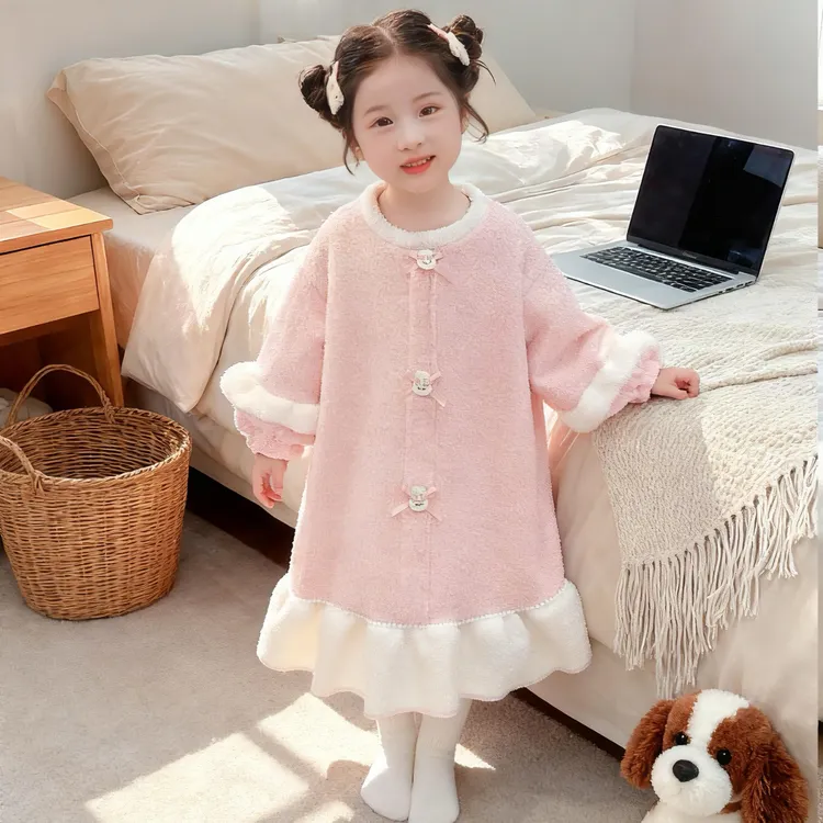 女童睡袍秋冬季宝宝珊瑚绒儿童睡衣法兰绒睡裙半边绒家居服浴袍