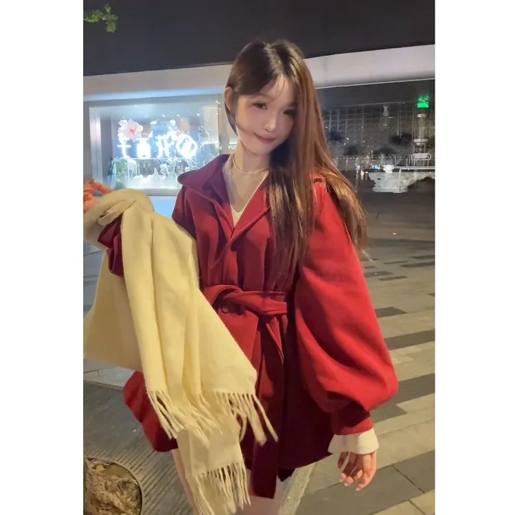 冬季毛呢外套短款女显瘦百搭灯笼袖外套短款女小个子呢子大衣爆款