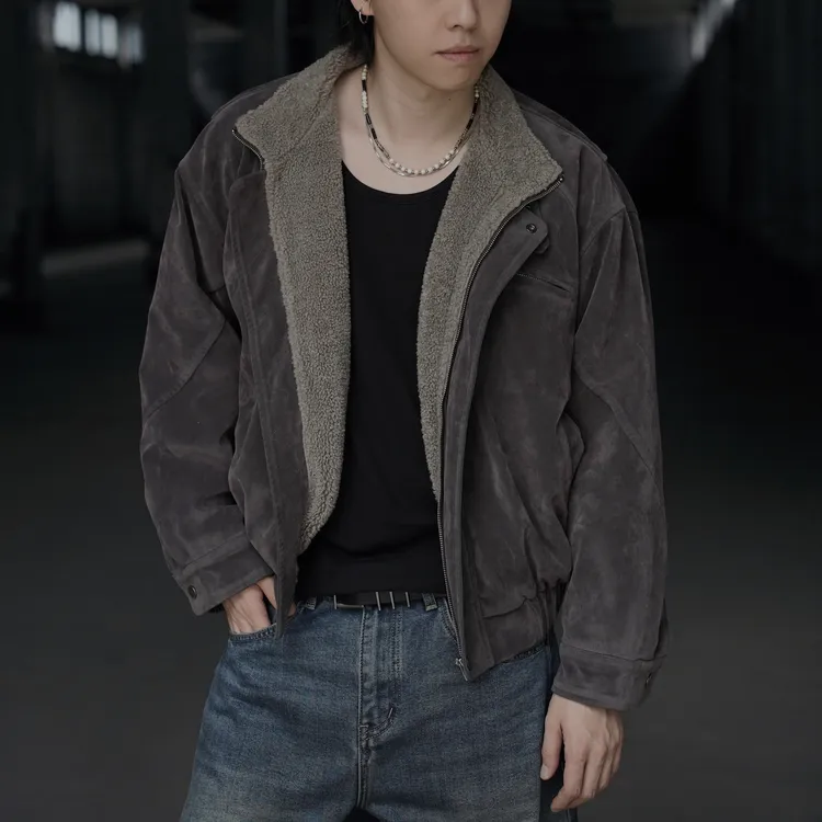 Unholism -10度 复古水洗短款皮毛一体植绒羊羔绒座山雕棉服夹克