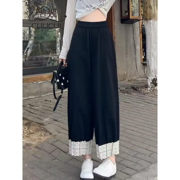 冰丝萝卜阔脚裤女夏季薄款蕾丝花边休闲宽松小个子九分哈伦萝卜裤