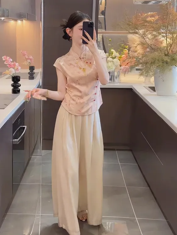 新中式国风套装女装2025夏季新款立领盘扣修身上衣高腰阔腿裤套装