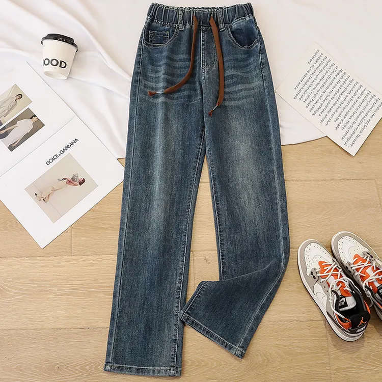 复古蓝松紧腰牛仔裤女春秋2025新款宽松大码小个子窄版直筒阔腿裤
