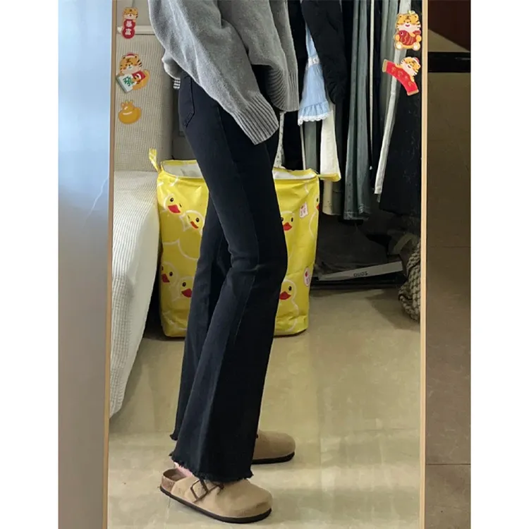 黑色毛边弹力微喇牛仔裤女2025春秋爆款小个子高腰显瘦牛仔喇叭裤