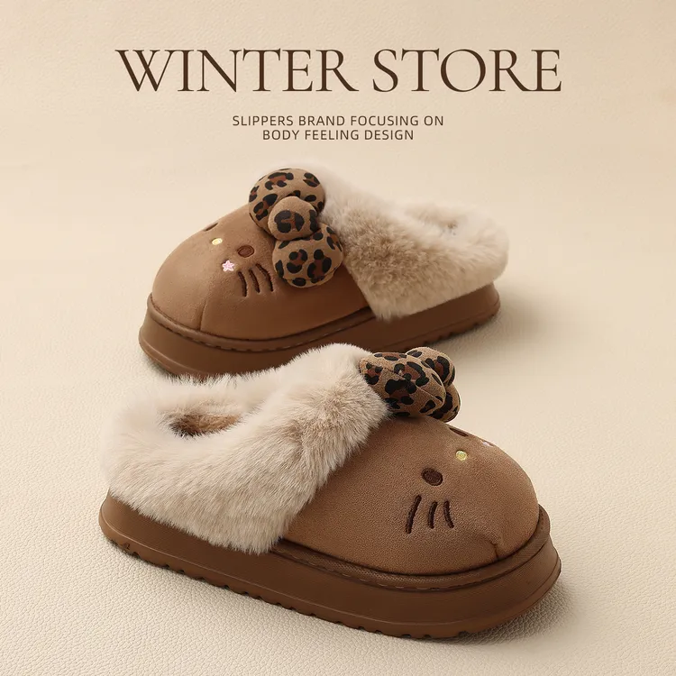 红豆KT猫棉拖鞋女款冬季2025新款外穿防滑厚底保暖毛毛绒高帮棉鞋