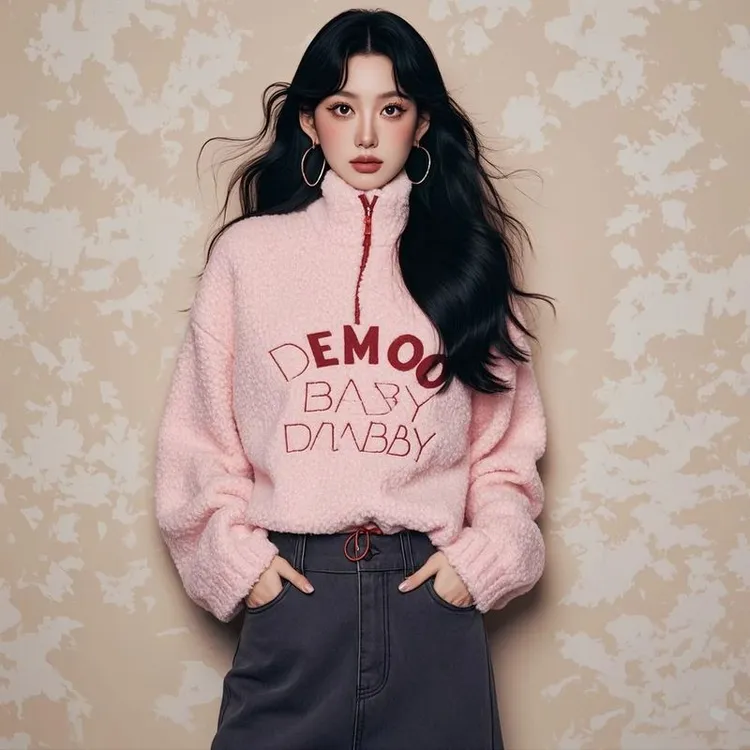 2025秋冬新款短款半拉链上衣美式摇粒绒仿羊羔毛高领卫衣加厚外套