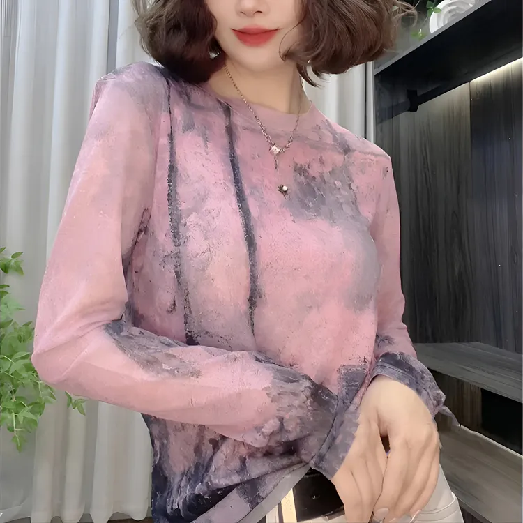 【粉黛 】气质时尚休闲潮流设计透气网纱印花长袖百搭T恤上衣女1749