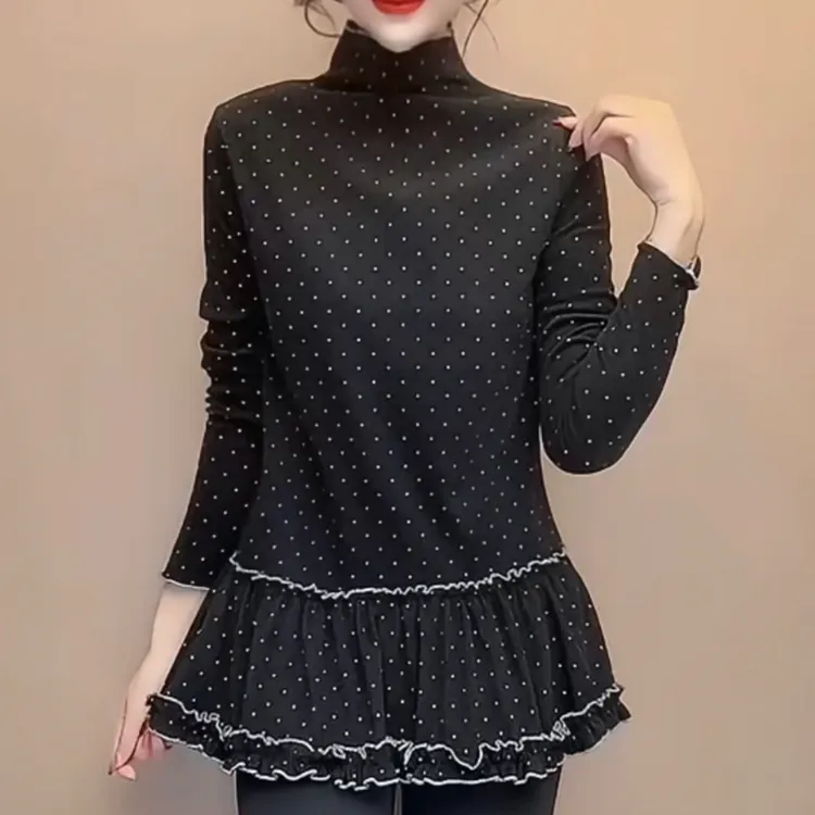 气质半高领波点长袖中长款T恤女秋冬显瘦减龄荷叶边时尚打底上衣