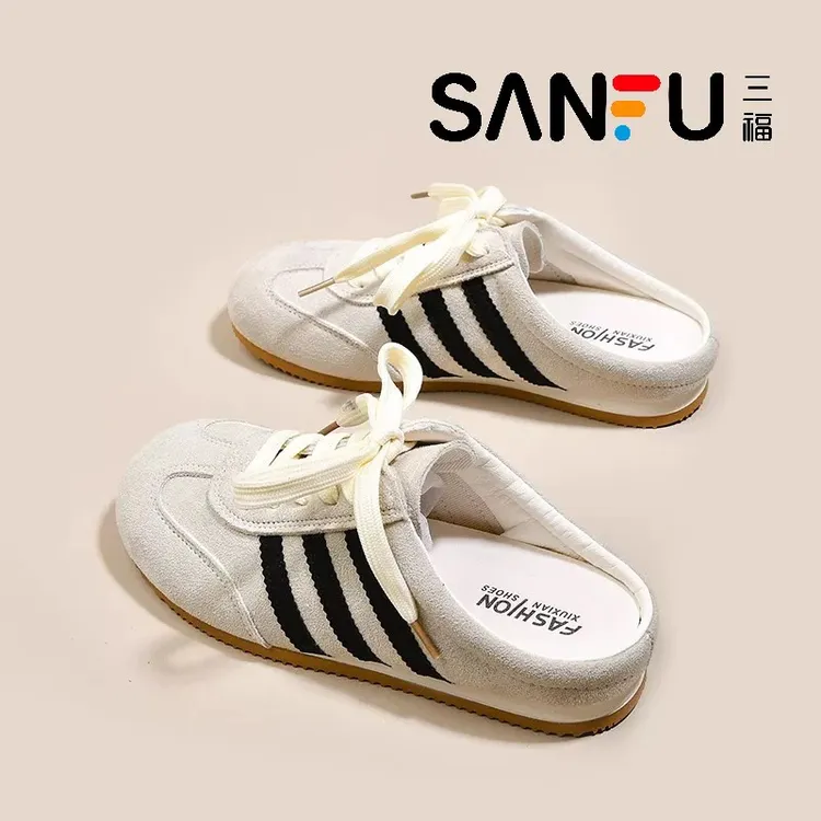 三福真皮包头半拖鞋女夏季外穿2025新款平底德训鞋懒人一脚蹬凉拖