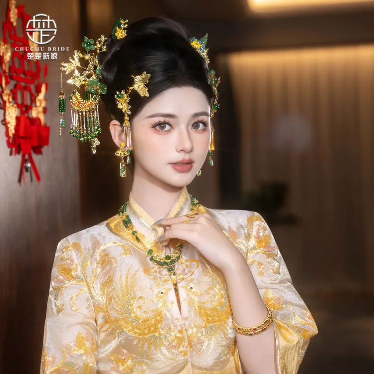 新娘头饰金色龙凤褂头饰中国风结婚新中式婚礼金绿色配饰简约套装