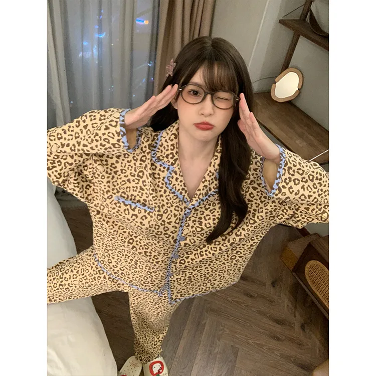 复古高级感撞色豹纹睡衣女2025春秋长袖ins网红家居服套装可外穿