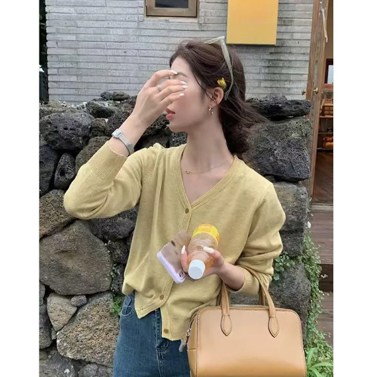 【丹姐家~茉莉黄开衫】V领长袖针织开衫外套上衣女