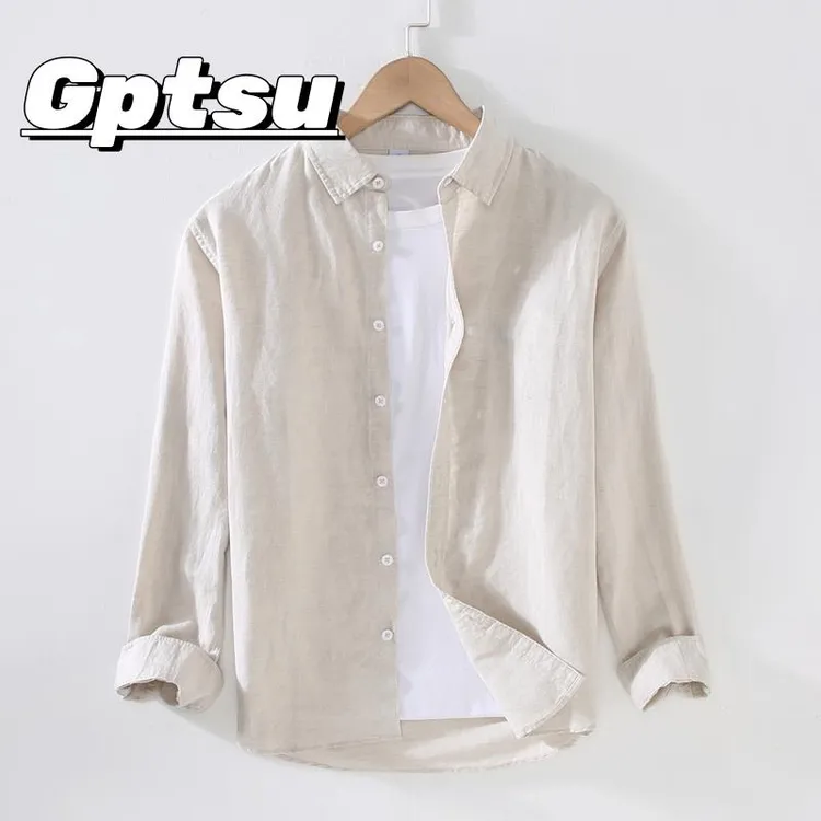 GPTSu男士长袖衬衫夏休闲装外穿麻布男装日系纯色衬衣时尚寸衣潮