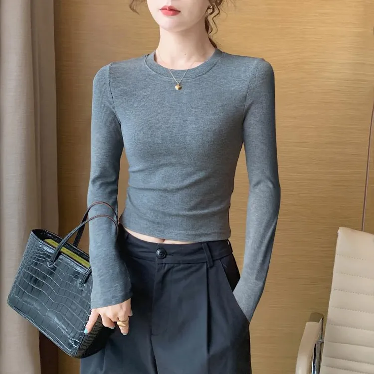 VOCKOO灰色短款圆领打底衫女内搭春秋2025新款修身螺纹针织长袖高