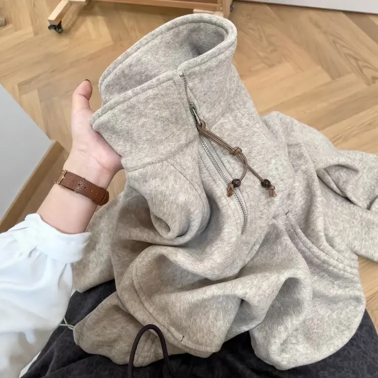 美式polo领立领宽松卫衣女秋冬新款高级感宽松百搭拉链套头上衣潮