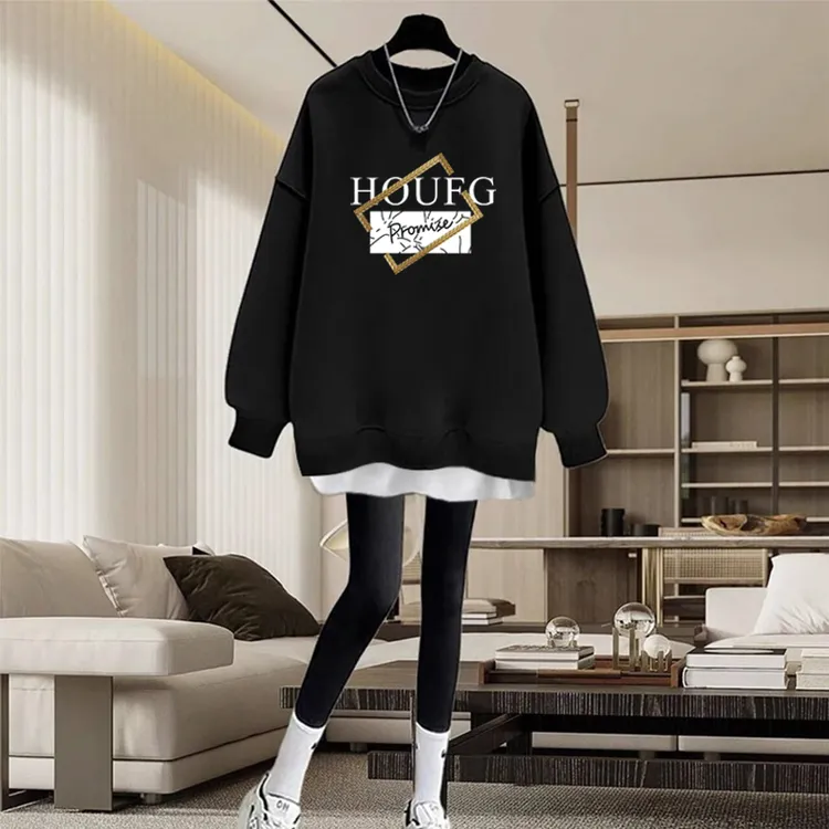 假两件圆领卫衣女2025秋冬新款宽松中长款遮屁股加绒加厚拼接上衣