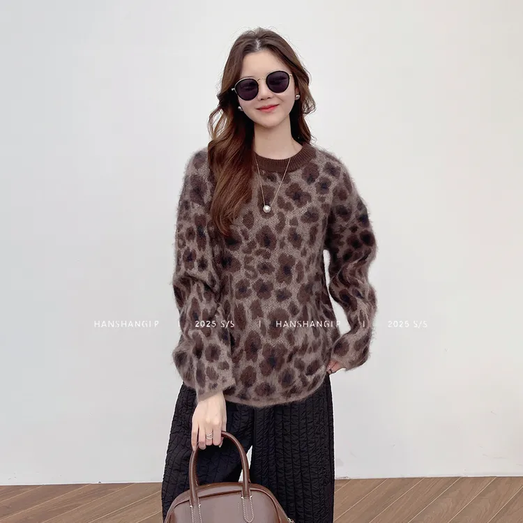 韩裳良品 韩系山羊绒软糯拉毛绵羊毛豹纹毛针织衫暖冬新款女毛衣