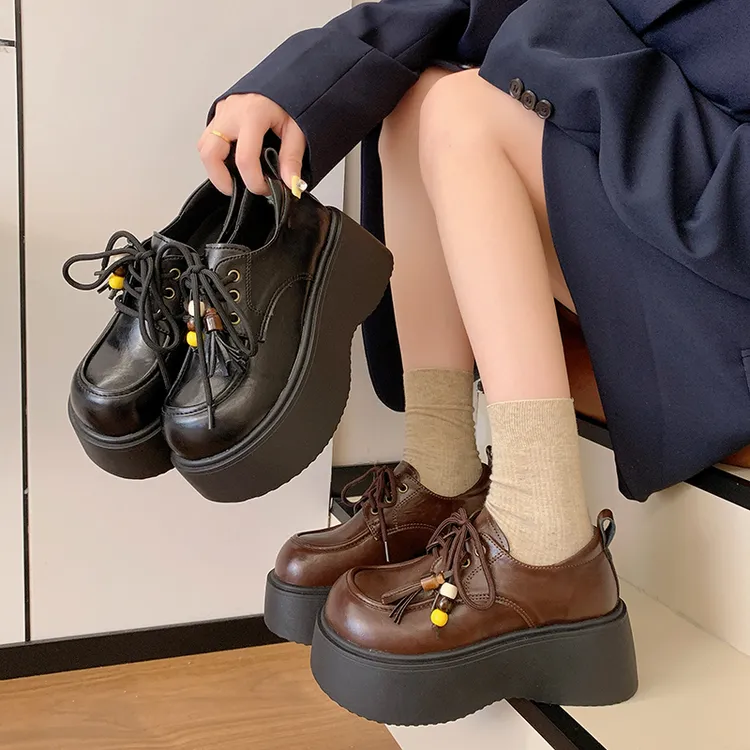厚底小皮鞋女2025秋季新款爆款百搭英伦风乐福鞋增高系带休闲单鞋