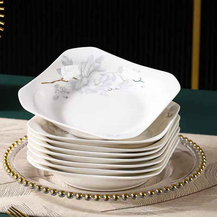 佳园瓷艺 8只9英寸国色天香家用陶瓷如意盘菜碟水果盘餐具套装