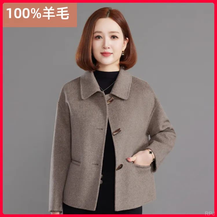 【100羊毛】秋冬中年妈妈加厚保暖双面呢羊毛大衣时尚气质毛呢外套