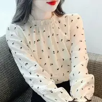春秋新款半高领时尚洋气宽松显瘦碎花打底衫女士衬衫百搭长袖上衣