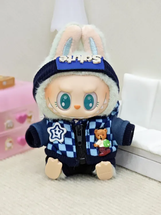 17cm一二代拉布布坐坐派对深蓝格子套装四件套