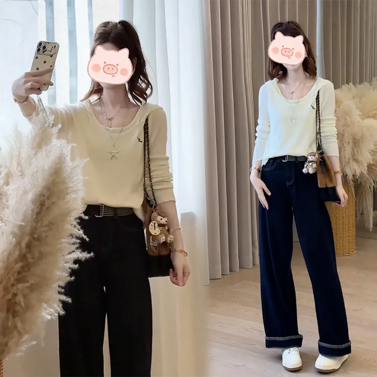 2025年秋季新款穿搭一整套时尚百搭设计上衣长袖搭配宽松直筒裤女