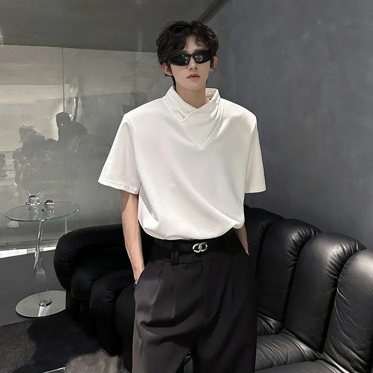 美式堆叠设计感半高领短袖t恤男款夏季高级感痞帅宽松五分袖体恤
