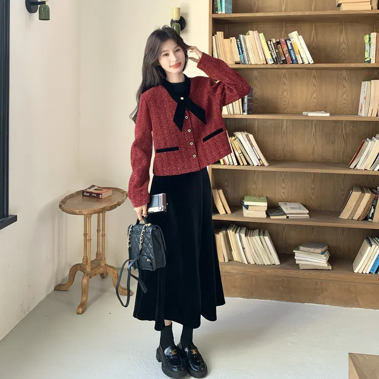 千金风高级感套装裙女2025年秋冬新款小香风外套丝绒半身裙两件套
