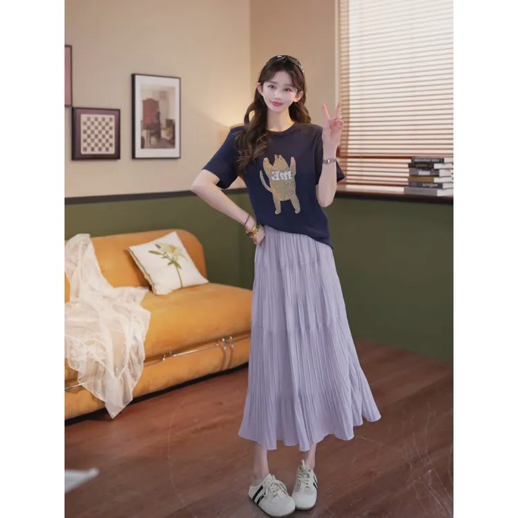 余紫绮【夕颜】欧若风 高级感穿搭T恤+半身裙两件套装ZO1217017