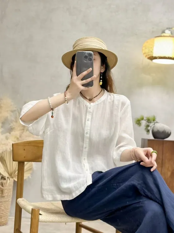 夏季新款100苎麻气质显瘦小众纯色休闲百搭复古衬衫女时尚薄款  