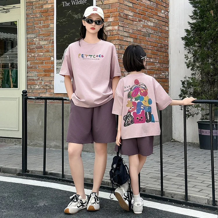 亲子装母女装女童短裤套装2025新款时髦中大童短袖洋气涂鸦T恤