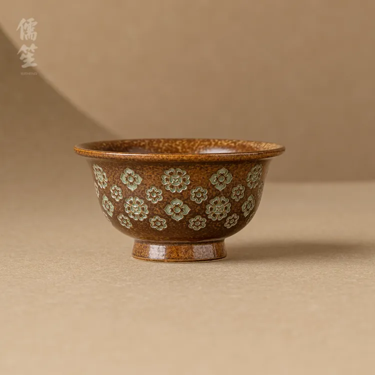 儒笙宝相花手工品茗杯大容量茶碗陶瓷家用中式复古侘寂风茶器