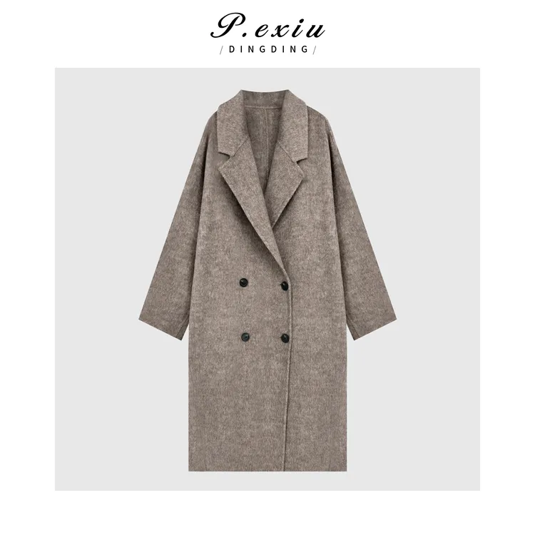 骆驼绒绵羊毛极简高级感双排扣中长款大衣外套YJ8111