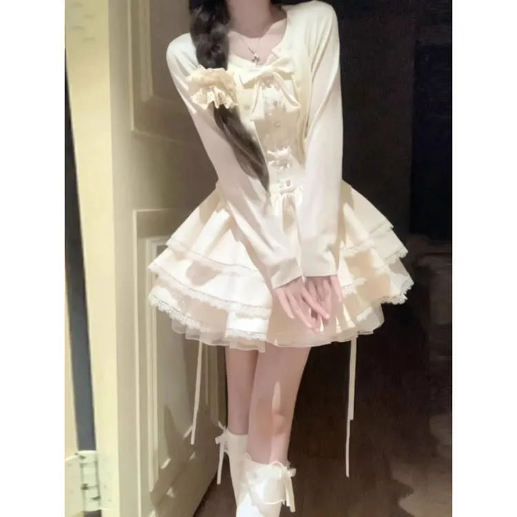 涤纶100%法式甜美独特好看开衫外套蓬蓬蛋糕连衣裙两件套小个子入