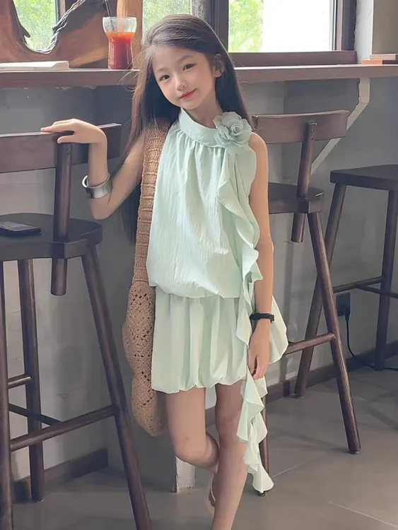 女童套装夏季2025新款儿童无袖上衣今年流行爆款花苞连衣裙两件套