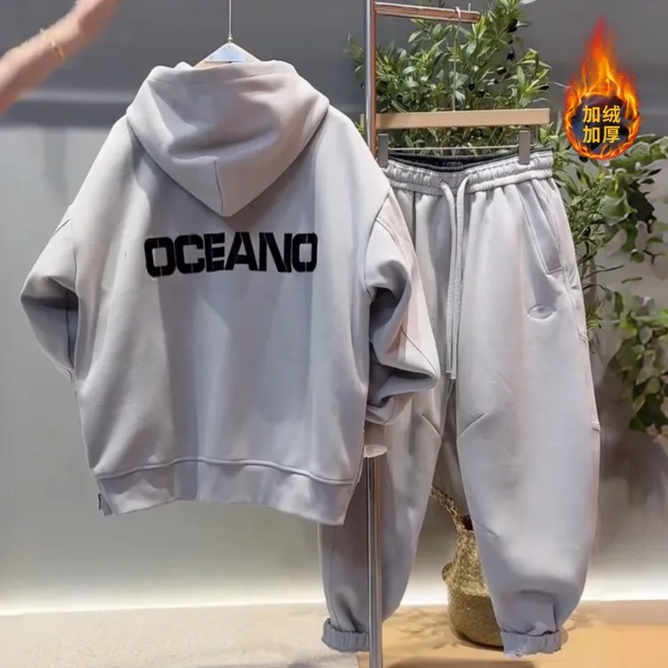 秋冬爆款重磅加绒休闲运动套装男士潮牌高级感连帽卫衣卫裤两件套