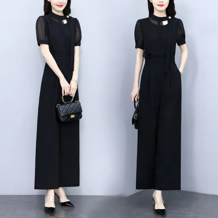 时尚气质挂脖阔腿连体裤套装女夏装2025新款显瘦一体式连身连衣裤