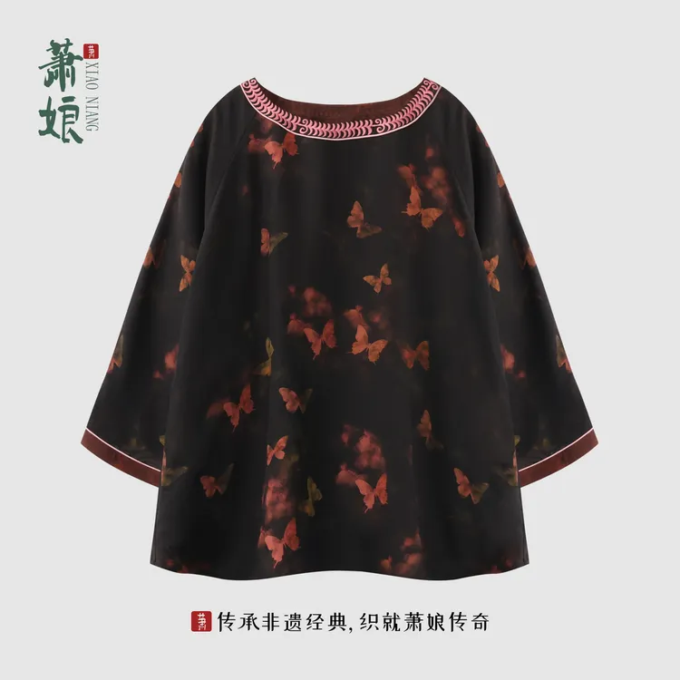 萧娘【蝶舞曲】花罗香云纱上衣圆领长袖套头桑蚕丝新中式上衣3007
