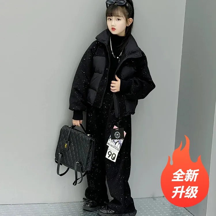 女童冬季棉衣套装童装新款毛呢拼接外套直筒裤两件套满天星短款袄