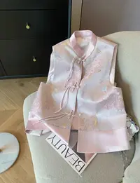 新中式短款立领中国结流苏盘扣马甲国风古韵女装薄款时尚上衣粉色